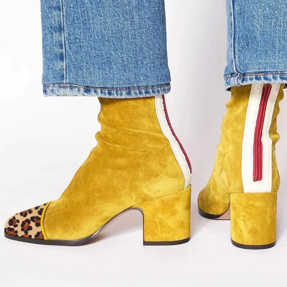 Women's Suede Contrast Cap Toe Heeled Boots