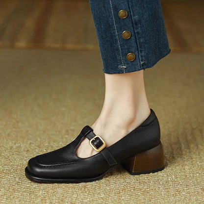 Elegant Leather Mary Jane Loafer for Women with Square Toe T Strap Buckle Block Heel Style