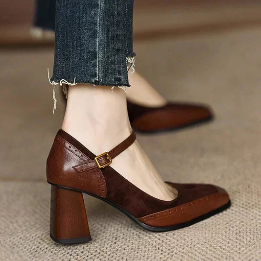 Elegant Suede Leather Mary Jane Pumps for Women with Square Toe Block Heel Ankle Strap Vintage Style