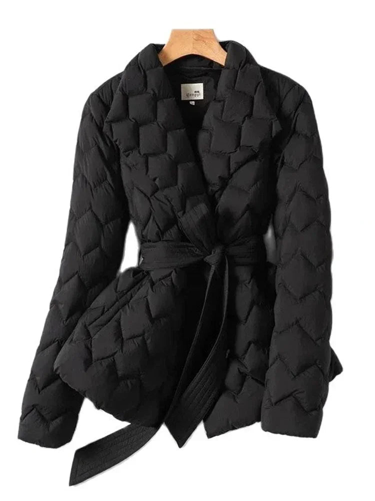 Women's Belted Wave Quilted Down Puffer Jacket