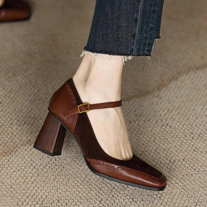 Elegant Suede Leather Mary Jane Pumps for Women with Square Toe Block Heel Ankle Strap Vintage Style
