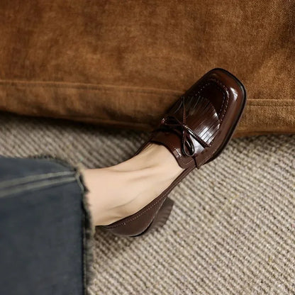 Elegant Patent Leather Tassel Loafer for Women with Bow Detail Block Heel Almond Toe Style