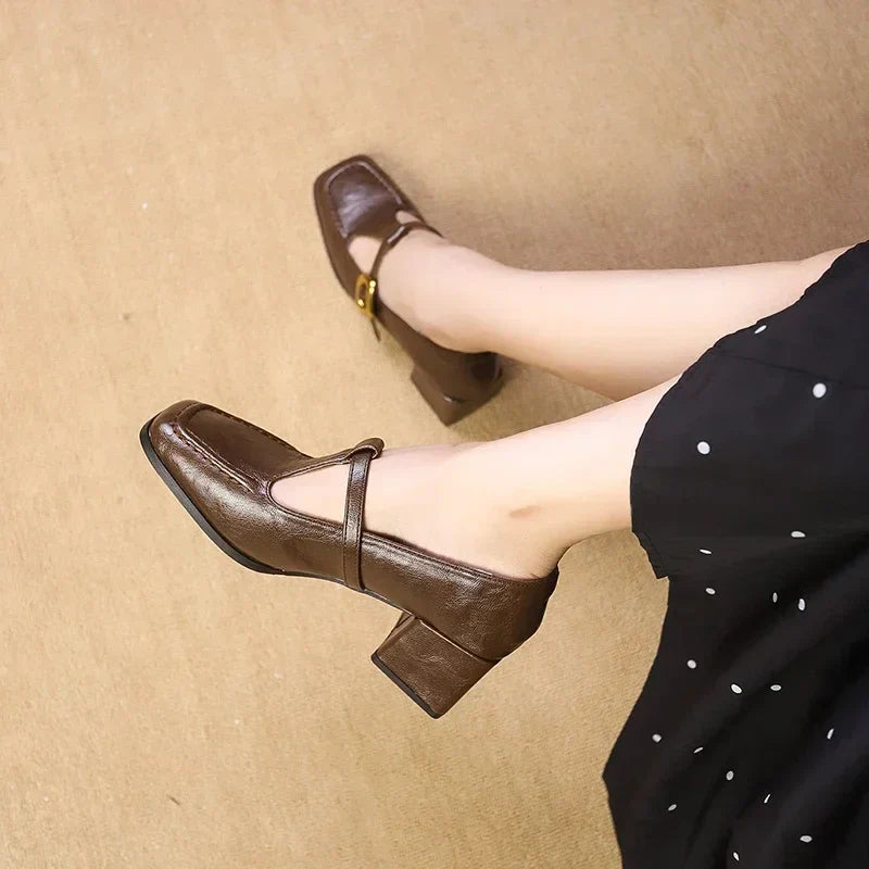 Stylish Leather Mary Jane Pumps for Women with T Strap Square Toe Block Heel Vintage Style