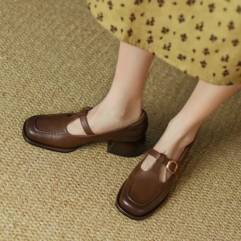 Elegant Leather Mary Jane Loafer for Women with Square Toe T Strap Buckle Block Heel Style