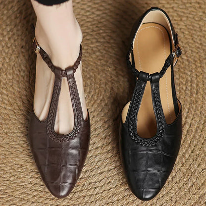 Elegant Croc Print Leather T-Strap Flats for Women with Braided Strap Pointed Toe Block Heel Style