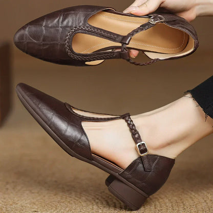 Elegant Croc Print Leather T-Strap Flats for Women with Braided Strap Pointed Toe Block Heel Style