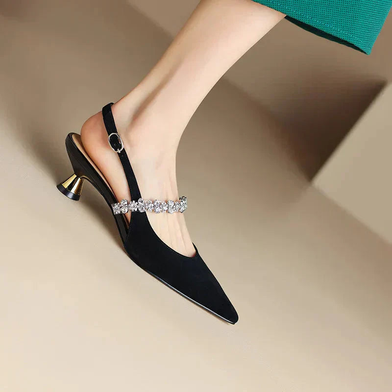 Elegant Rhinestone Slingback Heel for Women with Pointed Toe Ankle Strap Sculptural Heel Style