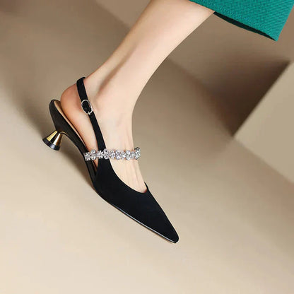 Elegant Rhinestone Slingback Heel for Women with Pointed Toe Ankle Strap Sculptural Heel Style