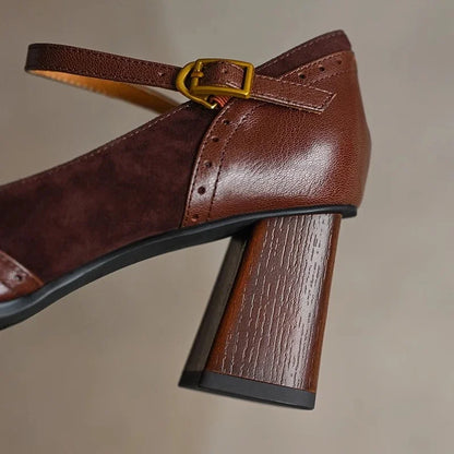 Elegant Suede Leather Mary Jane Pumps for Women with Square Toe Block Heel Ankle Strap Vintage Style