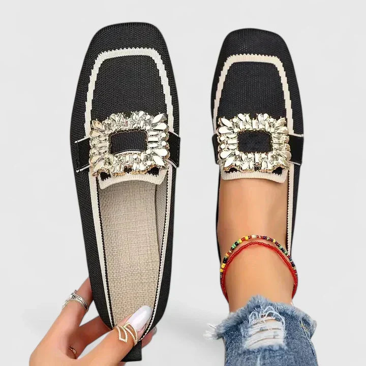 Stylish Knit Loafer for Women with Jeweled Buckle Square Toe Flat Style