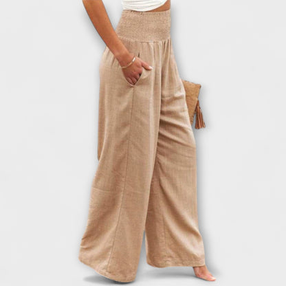 Effortless Khaki Linen Wide Leg Pants for Women with Smocked High Waist Pleated Relaxed Flowing Style