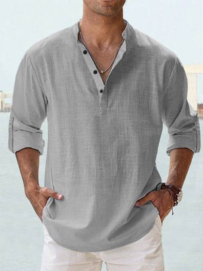 Effortless Linen Shirt for Women with Stand Collar Long Sleeve Button Placket Relaxed Casual Style