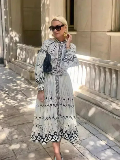 Elegant Beige Printed Midi Dress for Women with Mock Neck Bishop Sleeve Belted Boho Style