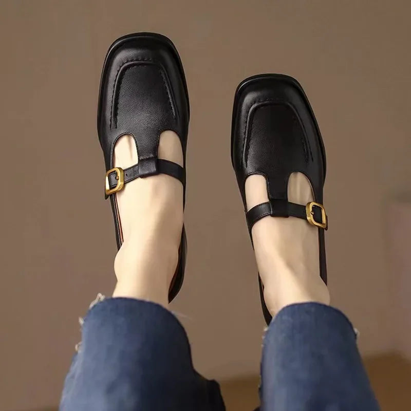 Elegant Leather Mary Jane Loafer for Women with Square Toe T Strap Buckle Block Heel Style
