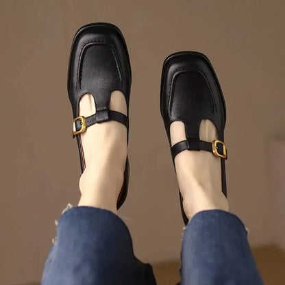 Elegant Leather Mary Jane Loafer for Women with Square Toe T Strap Buckle Block Heel Style