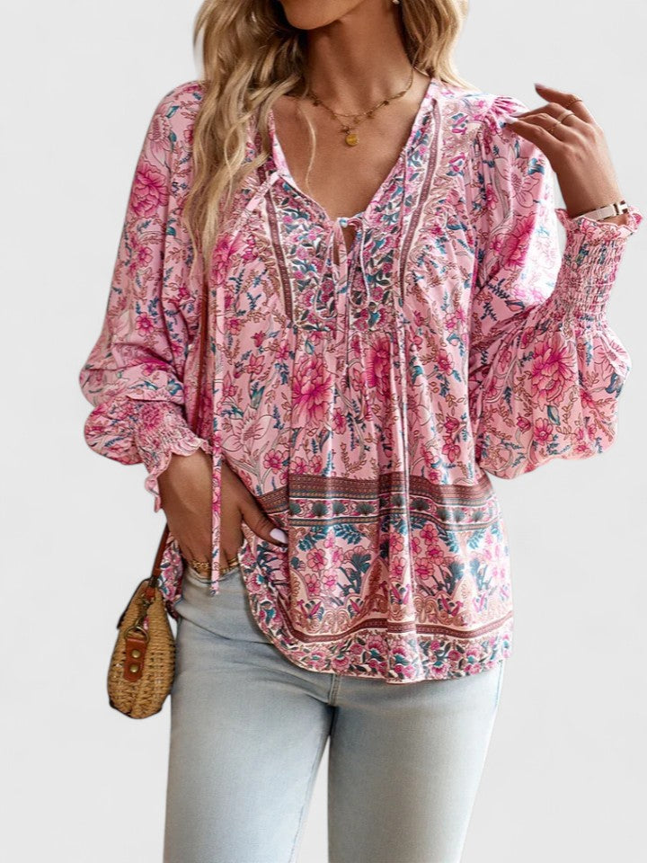 Effortless Floral Blouse for Women with V Neck Balloon Sleeve Smocked Cuff Bohemian Style