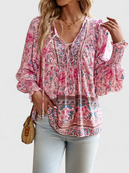 Effortless Floral Blouse for Women with V Neck Balloon Sleeve Smocked Cuff Bohemian Style
