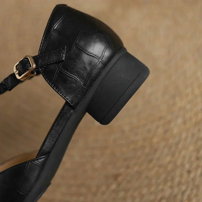 Elegant Croc Print Leather T-Strap Flats for Women with Braided Strap Pointed Toe Block Heel Style