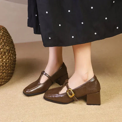 Stylish Leather Mary Jane Pumps for Women with T Strap Square Toe Block Heel Vintage Style