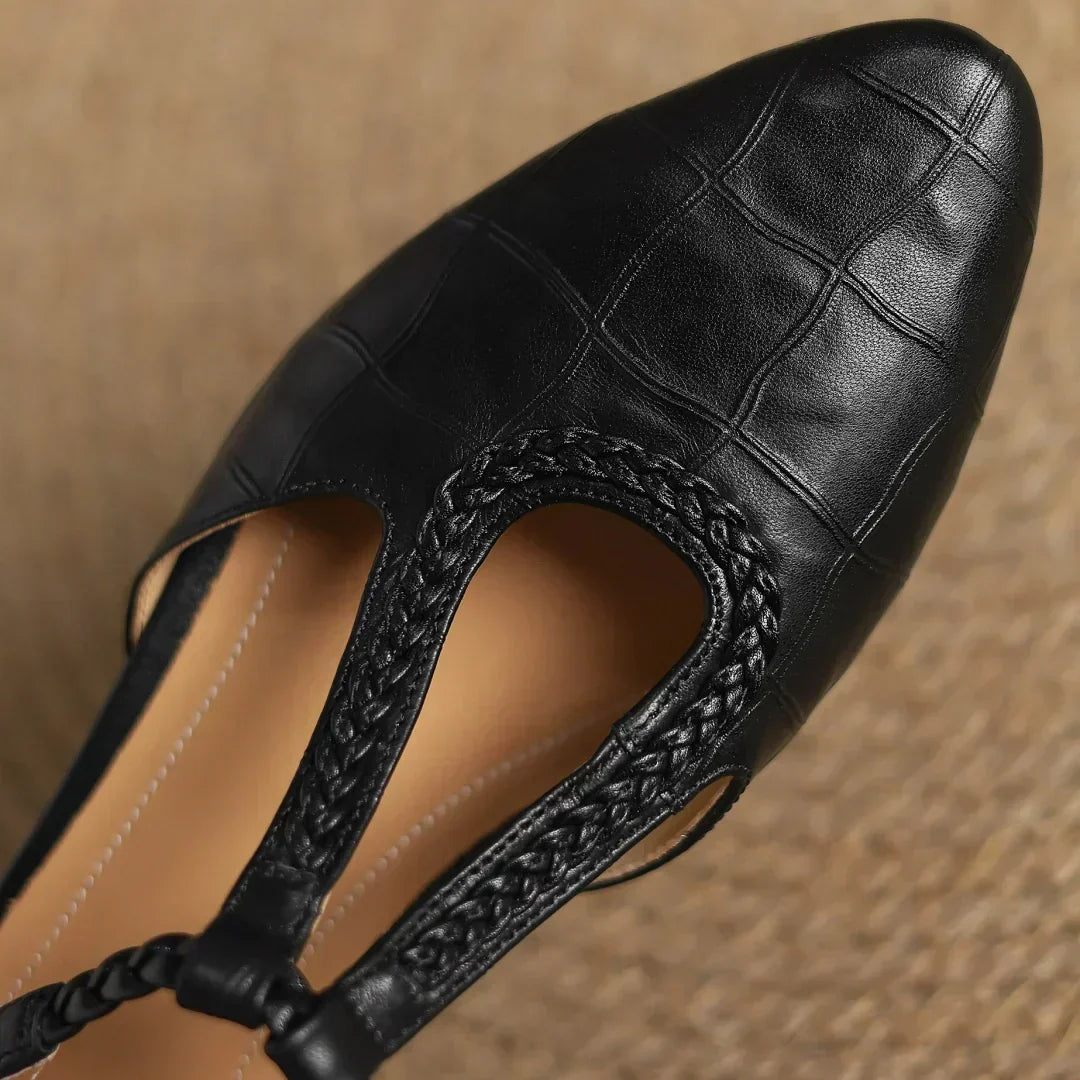 Elegant Croc Print Leather T-Strap Flats for Women with Braided Strap Pointed Toe Block Heel Style