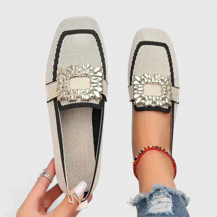 Stylish Knit Loafer for Women with Jeweled Buckle Square Toe Flat Style