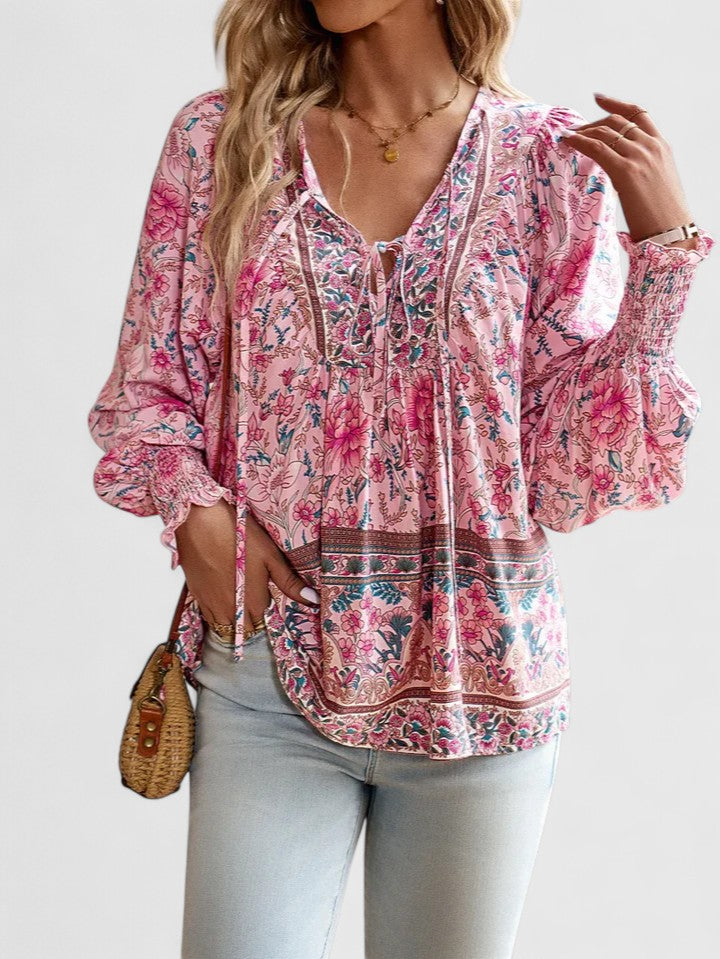 Effortless Floral Blouse for Women with V Neck Balloon Sleeve Smocked Cuff Bohemian Style