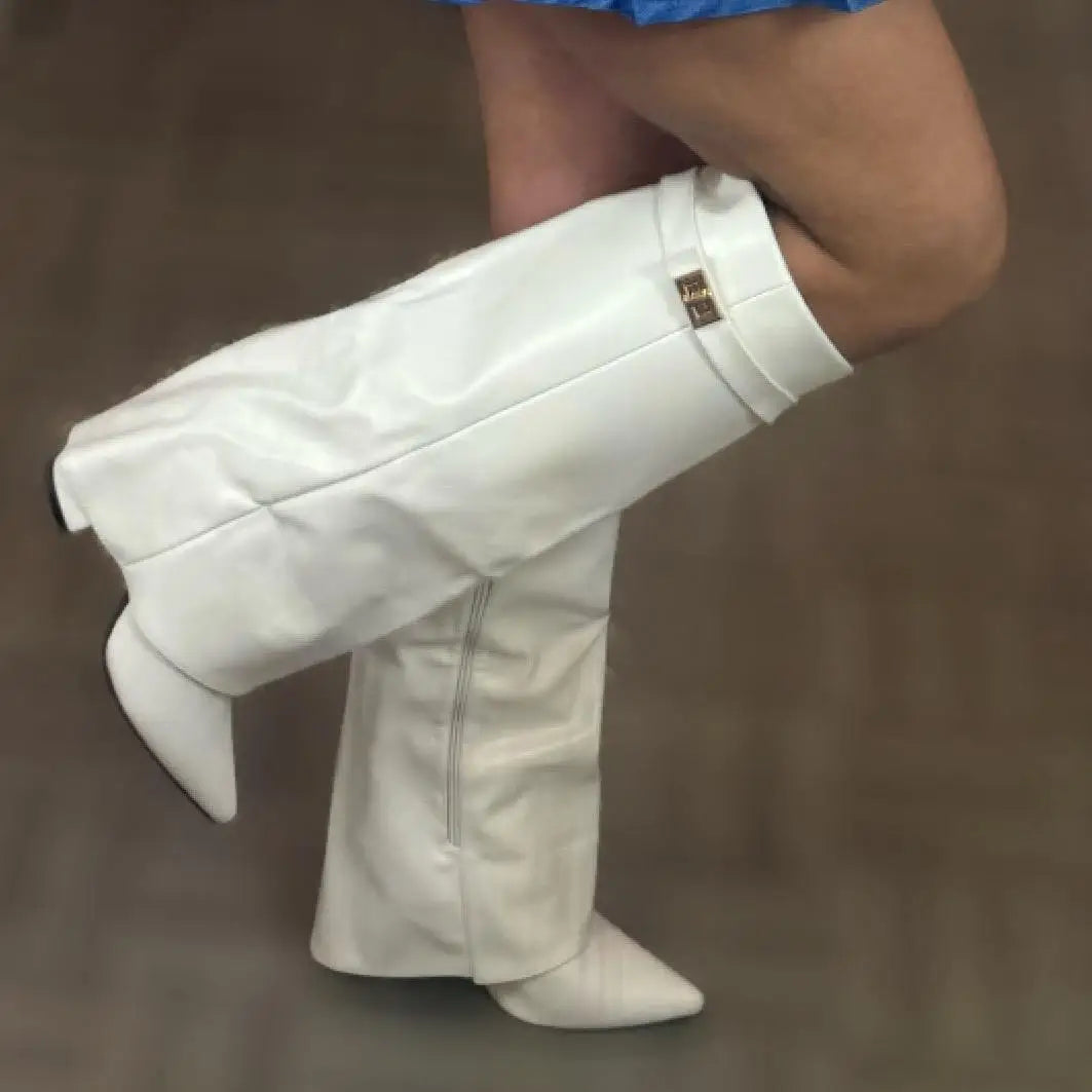 Elegant Tan Suede Knee High Boot for Women with Pointed Toe Fold Over Cuff Wedge Heel Style