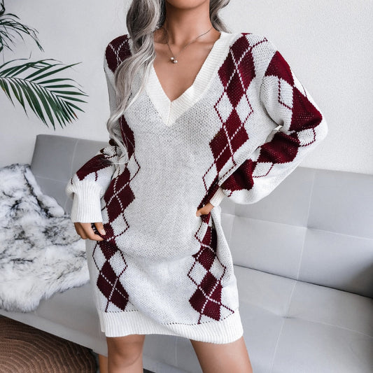 Warm Argyle Knit Sweater Dress for Women with V Neck Long Sleeve Relaxed Fit Knit Style