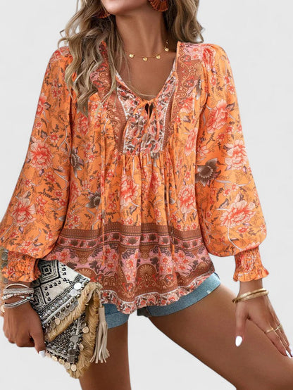 Effortless Floral Blouse for Women with V Neck Balloon Sleeve Smocked Cuff Bohemian Style