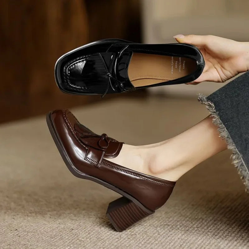Elegant Patent Leather Tassel Loafer for Women with Bow Detail Block Heel Almond Toe Style