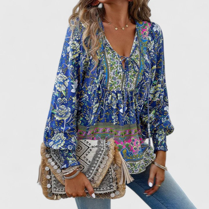 Effortless Floral Blouse for Women with V Neck Balloon Sleeve Smocked Cuff Bohemian Style