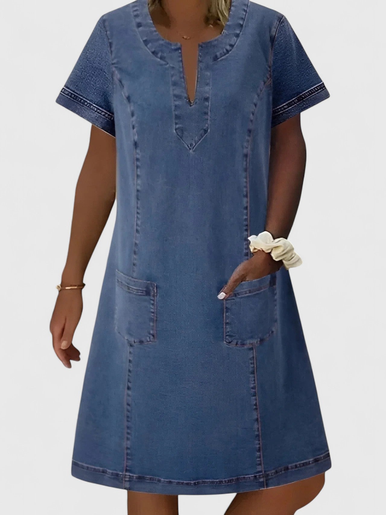 Effortless Denim Mini Dress for Women with Split Neck Short Sleeve Patch Pocket A Line Casual Style