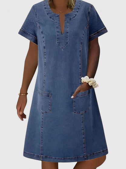 Effortless Denim Mini Dress for Women with Split Neck Short Sleeve Patch Pocket A Line Casual Style
