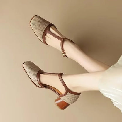 Elegant Perforated Leather Mary Jane Sandals for Women with T-Strap Square Toe Block Heel Vintage Style