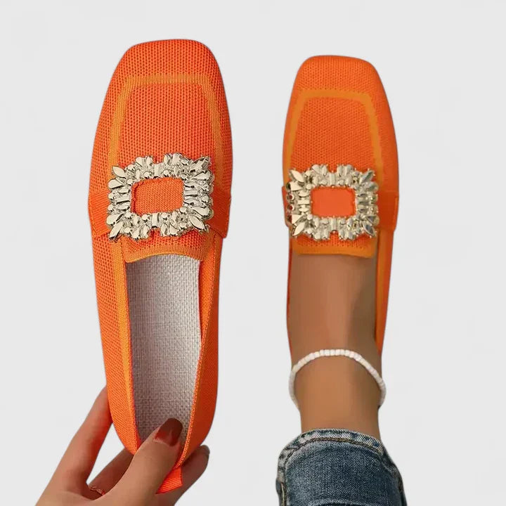 Stylish Knit Loafer for Women with Jeweled Buckle Square Toe Flat Style