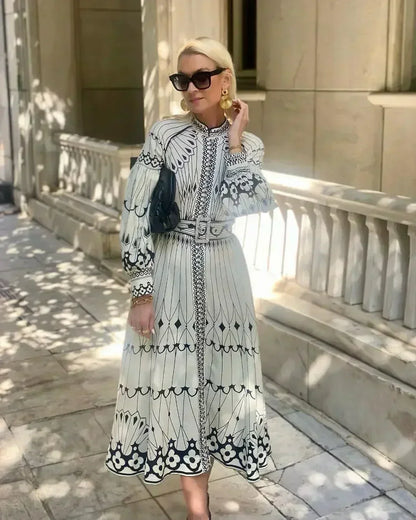 Elegant Beige Printed Midi Dress for Women with Mock Neck Bishop Sleeve Belted Boho Style