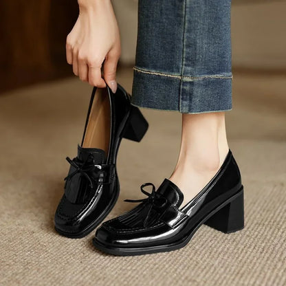 Elegant Patent Leather Tassel Loafer for Women with Bow Detail Block Heel Almond Toe Style