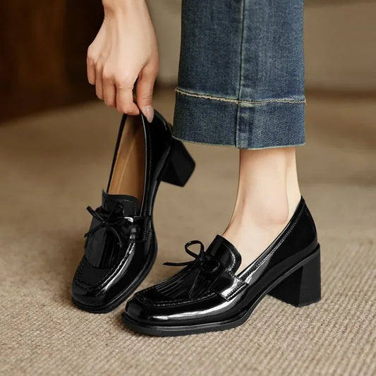 Elegant Patent Leather Tassel Loafer for Women with Bow Detail Block Heel Almond Toe Style