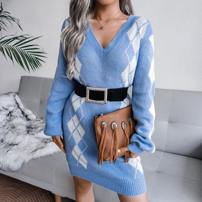 Warm Argyle Knit Sweater Dress for Women with V Neck Long Sleeve Relaxed Fit Knit Style