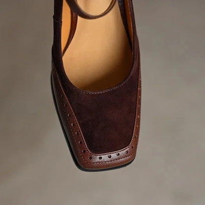 Elegant Suede Leather Mary Jane Pumps for Women with Square Toe Block Heel Ankle Strap Vintage Style