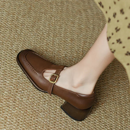 Elegant Leather Mary Jane Loafer for Women with Square Toe T Strap Buckle Block Heel Style