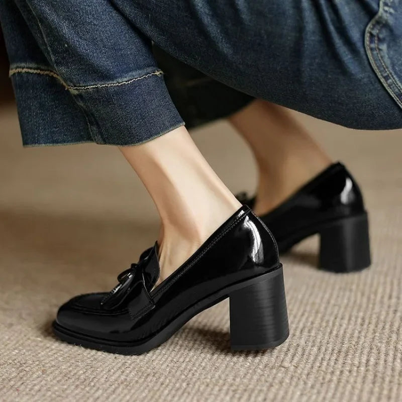 Elegant Patent Leather Tassel Loafer for Women with Bow Detail Block Heel Almond Toe Style