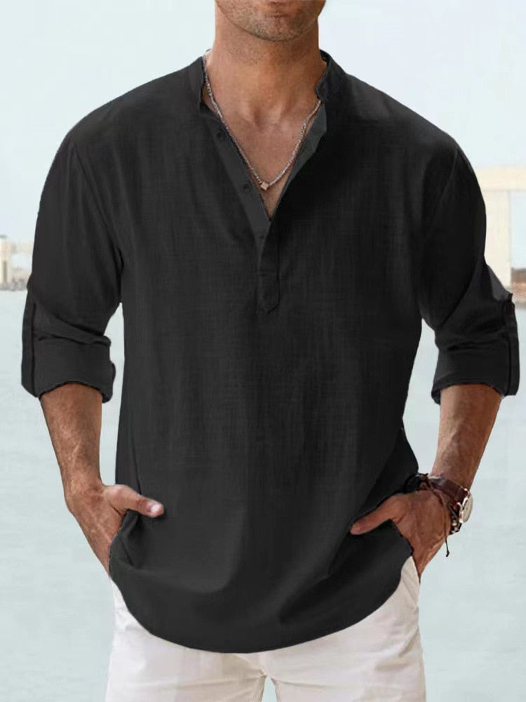 Effortless Linen Shirt for Women with Stand Collar Long Sleeve Button Placket Relaxed Casual Style