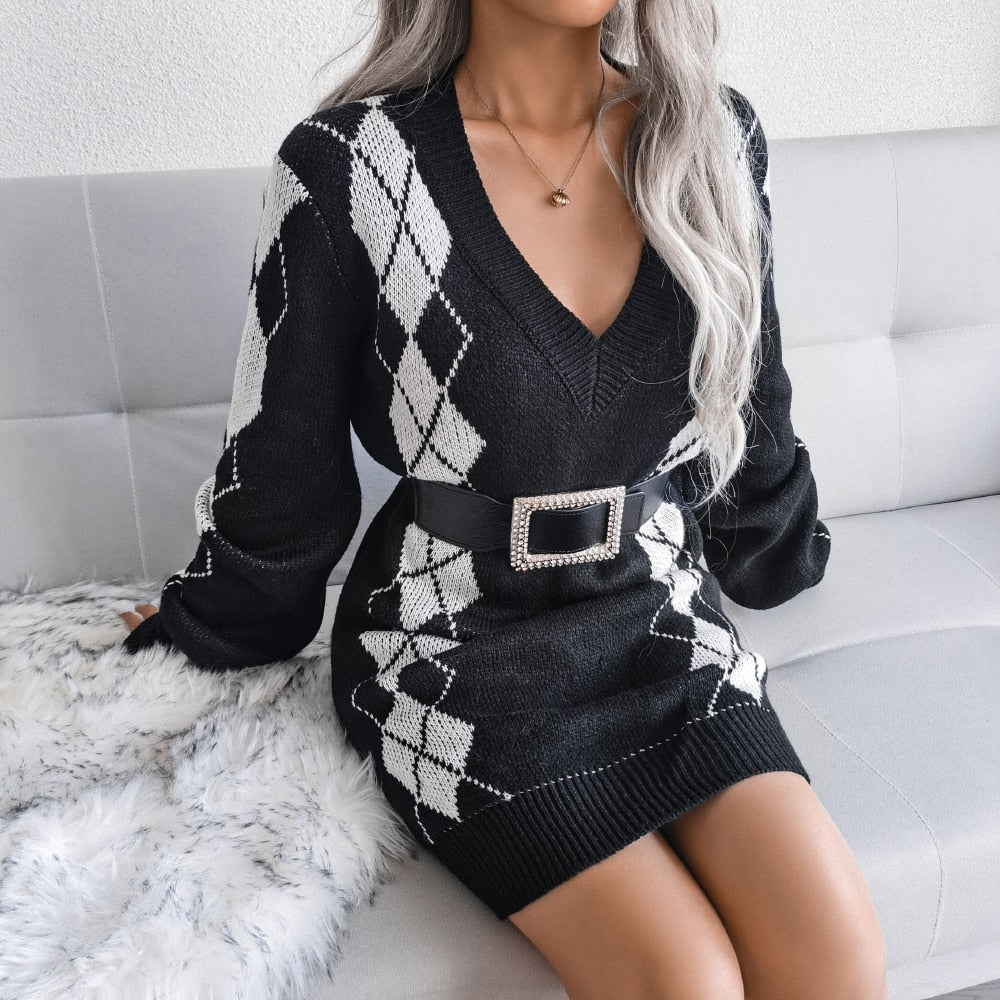Warm Argyle Knit Sweater Dress for Women with V Neck Long Sleeve Relaxed Fit Knit Style