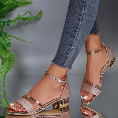 Elegant Glitter Sandal for Women with Ankle Strap Rhinestone Chunky Block Heel Style