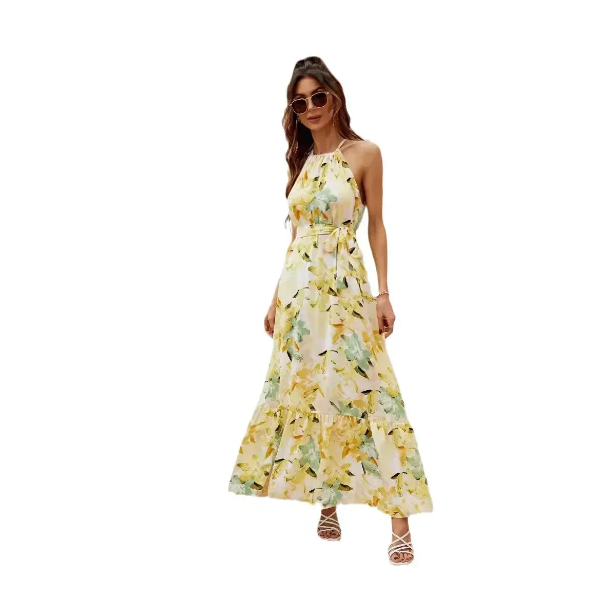 Elegant Floral Maxi Cocktail Dress for Women with Halter Neck Sleeveless Tie Waist Flowing Style