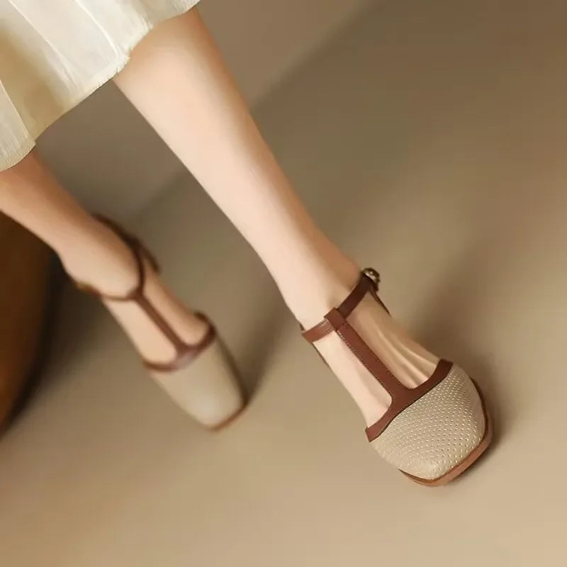 Elegant Perforated Leather Mary Jane Sandals for Women with T-Strap Square Toe Block Heel Vintage Style