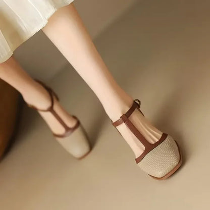 Elegant Perforated Leather Mary Jane Sandals for Women with T-Strap Square Toe Block Heel Vintage Style