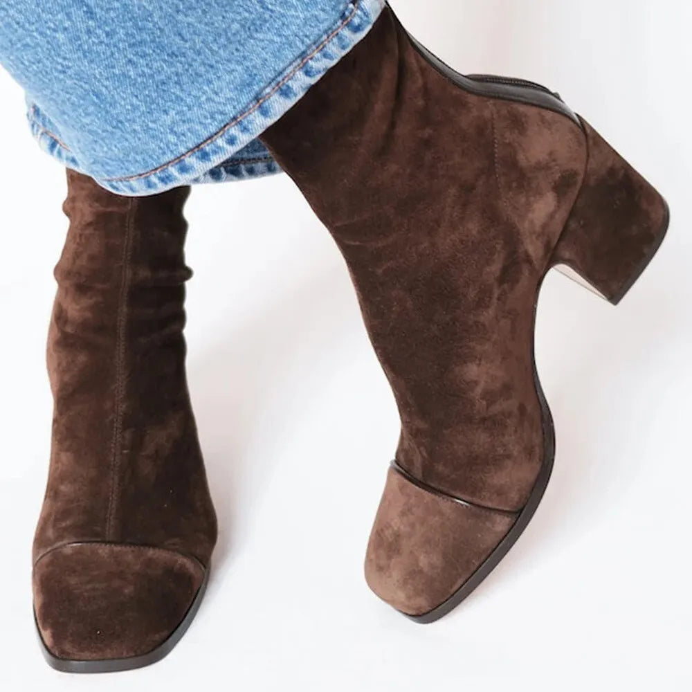 Women's Suede Contrast Cap Toe Heeled Boots