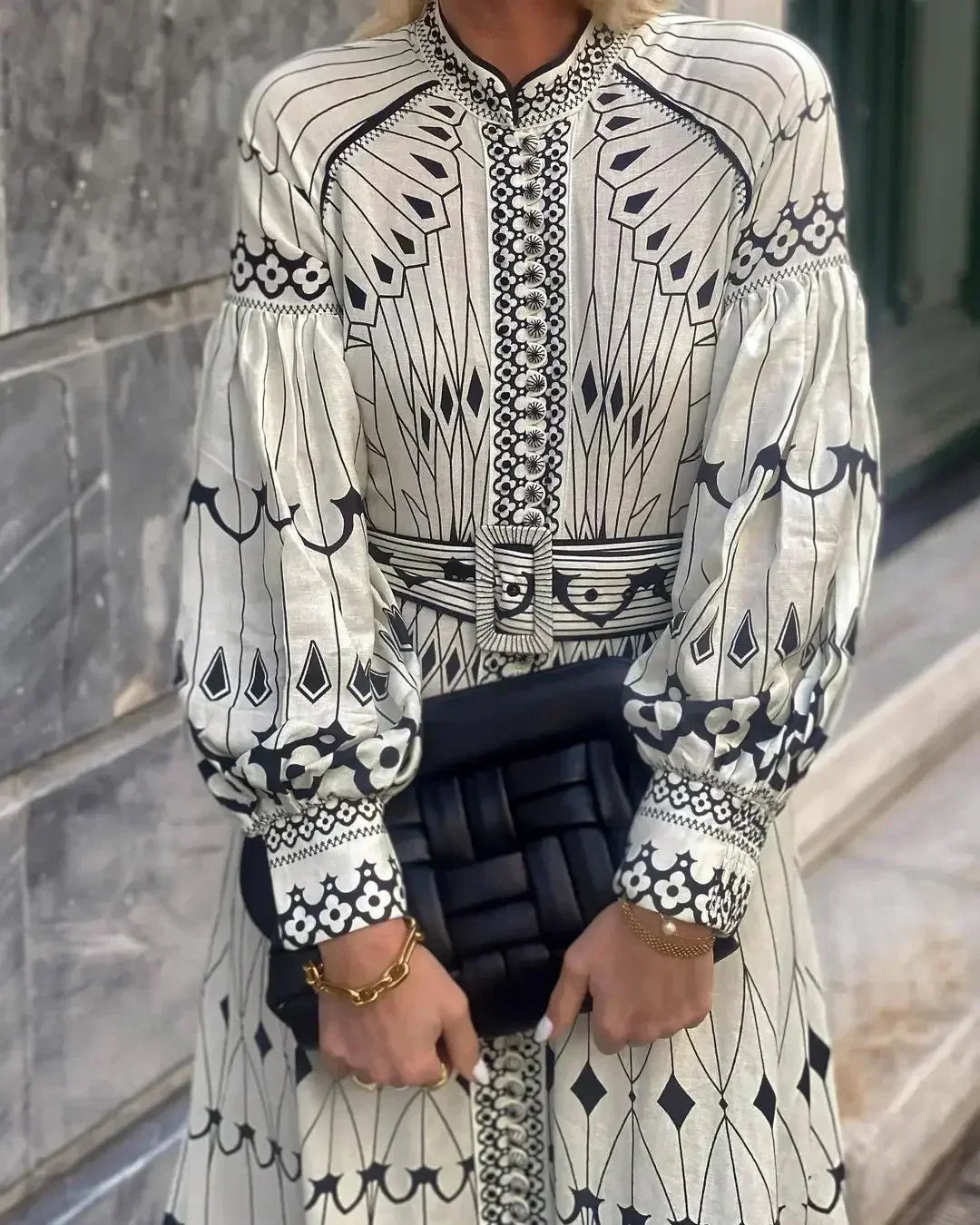 Elegant Beige Printed Midi Dress for Women with Mock Neck Bishop Sleeve Belted Boho Style